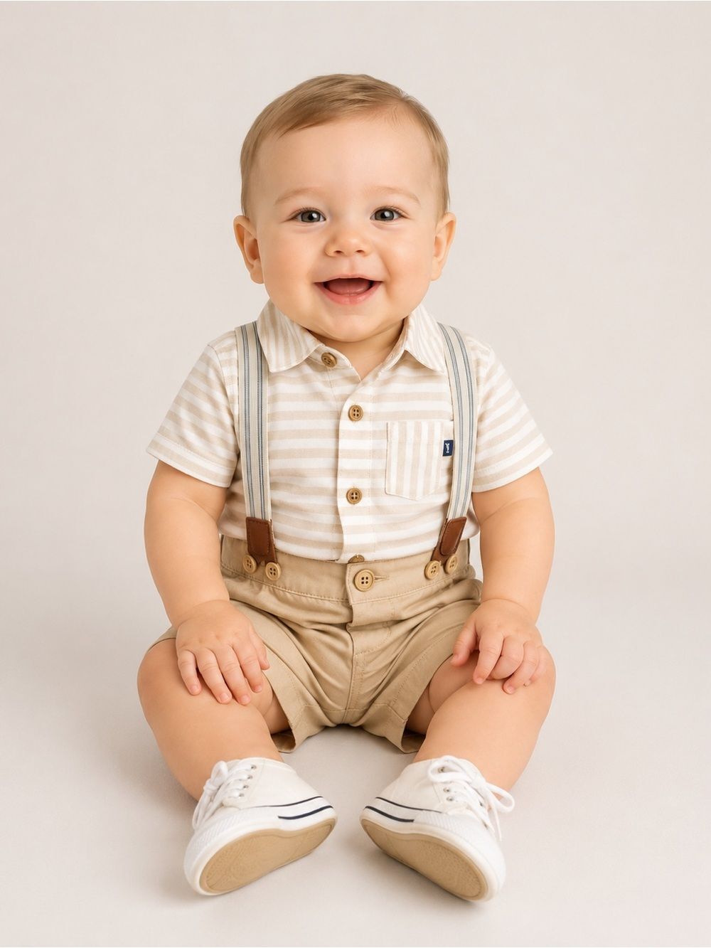 OshKosh B'gosh Baby Boy Suspender Shorts and Striped Button Bodysuit. 6 Months